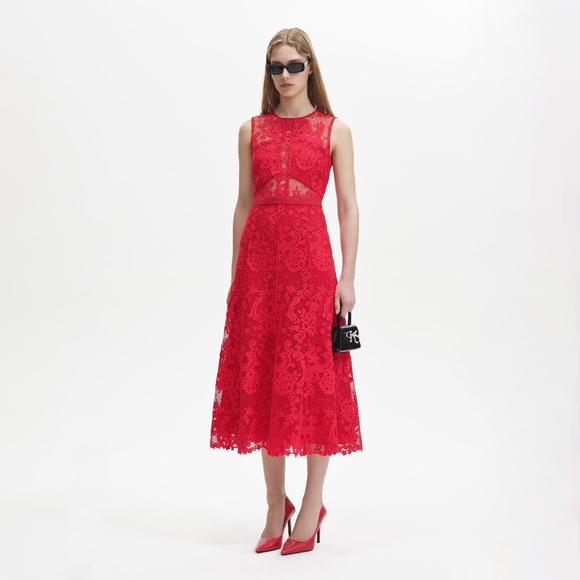 SELF-PORTRAIT Red Floral Lace High Neck Midi Dress Party Holidays Coquette 8 - Picture 5 of 16